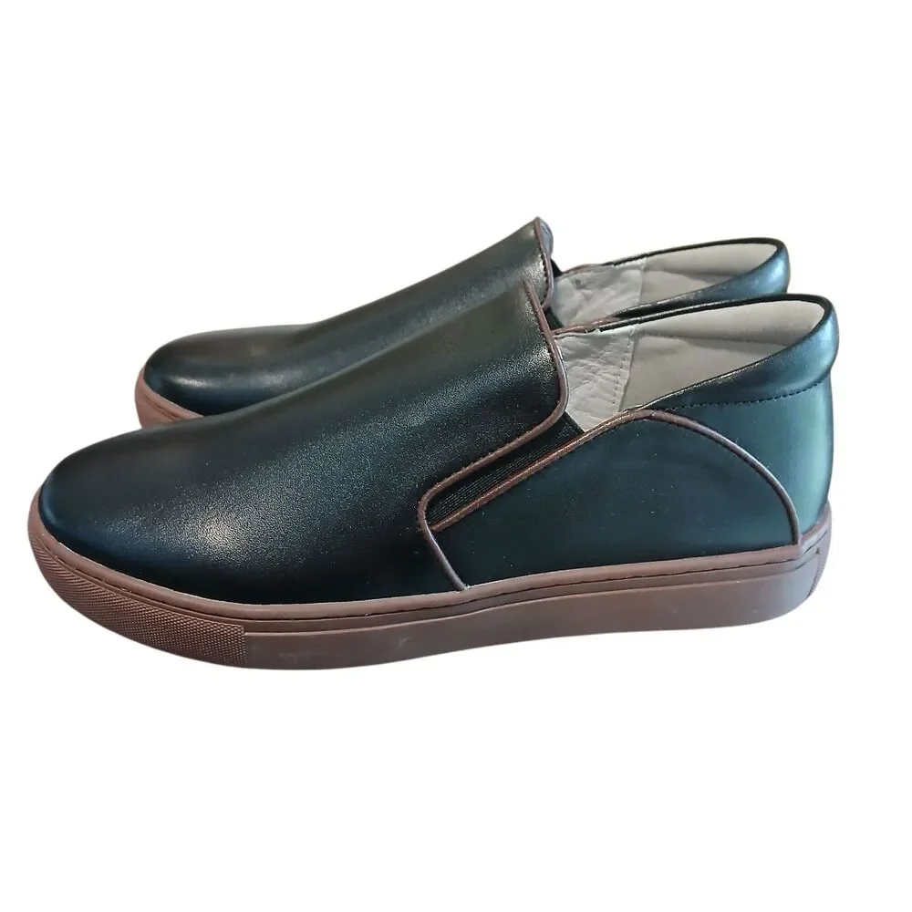 Ruby Label Size 6 Boys EU 38 Black Leather Brown Trim Loafer Slip-On Shoes Dress